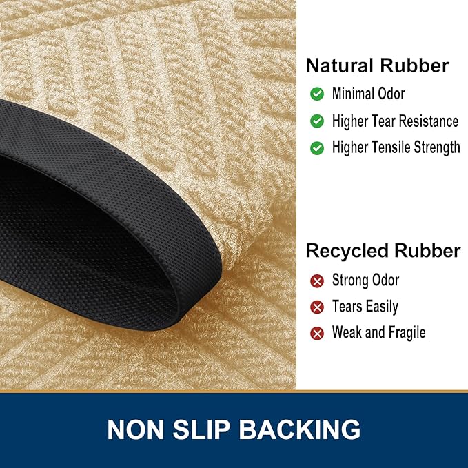 Smiry Front Door Mat Outside Entrance, Heavy Duty Outdoor Indoor Natural Rubber Doormat, Non Slip, Trap Dirt and Moisture, Easy Clean, Low Profile Patio Porch Entryway Mat, 71x23, Beige