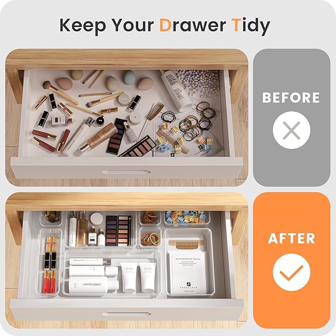 A-LuGei 【Military Grade】 Drawer Organizer, 【𝟱𝗦𝗶𝘇𝗲】 Clear Makeup organizer, 【Holds 177 Items】 Bathroom Organizers and Storage, Plastic Desk Organizer Divider, Organizer Bins for Office Vanity