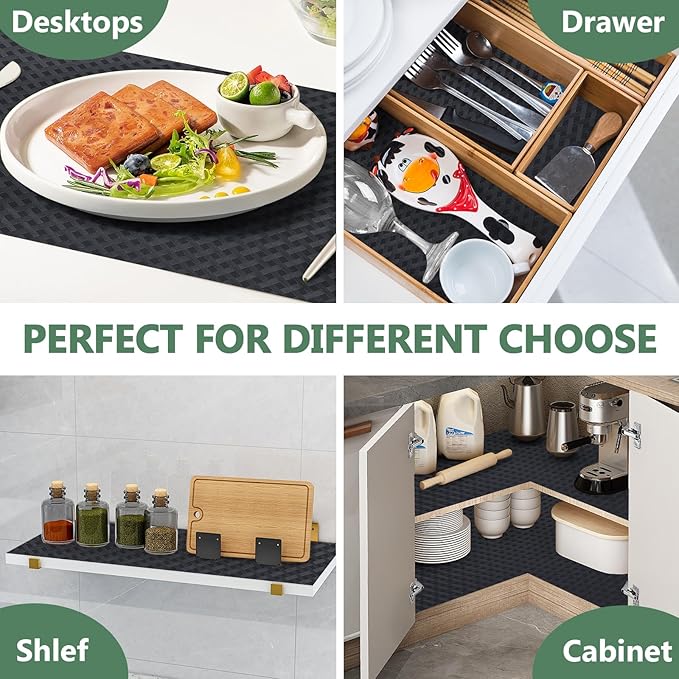 Shelf Liners, Non-Adhesive Drawer Liner, Waterproof & Oil-Proof Kitchen Cabinet Cupboard Liner Plastic EVA Material BPA Free Fridge Liner Mats Paper Protector for Shelves (Black/12in x 120in)