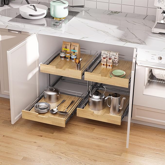 Pull Out Cabinet Organizer,Heavy-Duty Slide Out Shelf, Wood and Wire Basket, Pull Out Drawer for for Kitchen Under Sink Space, Pantry, Bathroom, 2 Tie 14 * 21 in