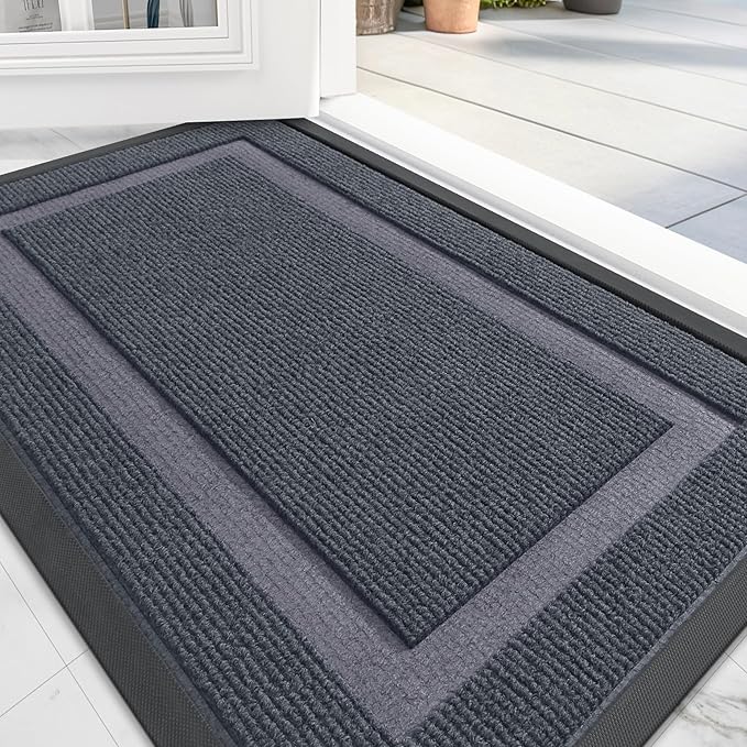 OLANLY Front Door Mat Indoor Outdoor Entrance, Waterproof All-Season, All-Weather Doormat, Sturdy Natural Rubber, Fade Resistant, Low Profile, Easy Clean Patio Porch Entryway Mat, 35x23, Light Grey