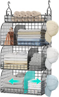 HapiRm Hanging Closet Organizer Storage - 4 Tier Metal Stackable Hanging Closet Shelves with Dividers and S Hooks, Foldable Clothes Shelves for Clothes, Pants, Shoes, Coat, Hats Clutches Accessories