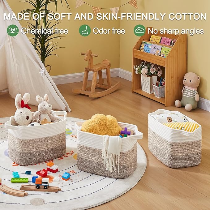 OIAHOMY Storage Basket, Woven Baskets for Storage, Cotton Rope Basket for toys,Towel Baskets for Bathroom - Pack of 3, Gradient Gray