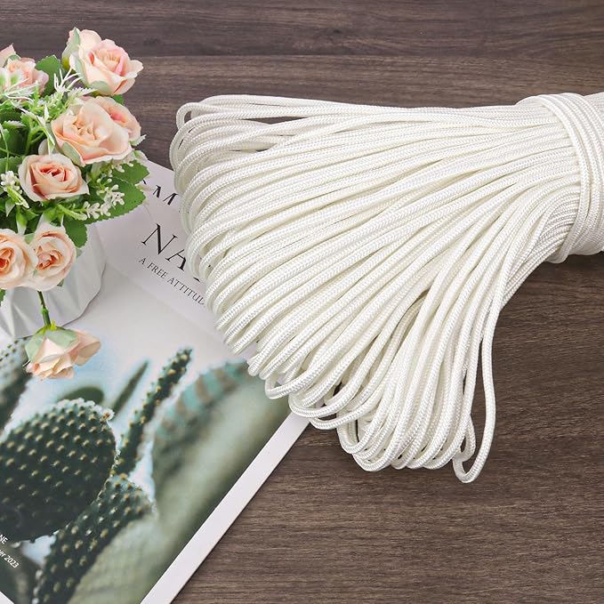 500 Feet 1/4 Inch White Polyester Rope, 6 mm Polypropylene Utility Rope for Kayaking, Camping, Home Decor