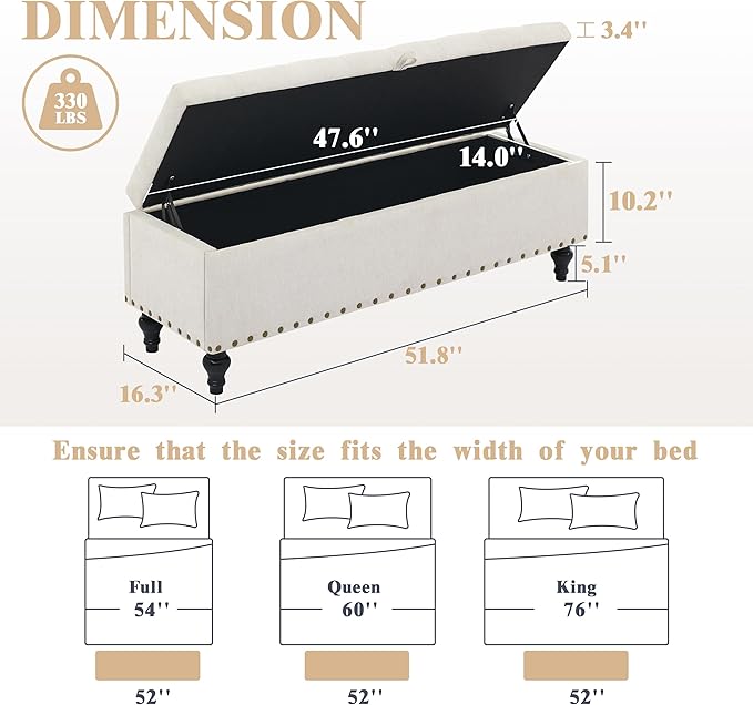 50" Storage Ottoman Bench, Tufted Ottoman with Storage for Living Room, Large End of Bed Ottomans, Modern Entryway Benchs, Window & Bedroom Benches for Foot of Bed (Light Beige)