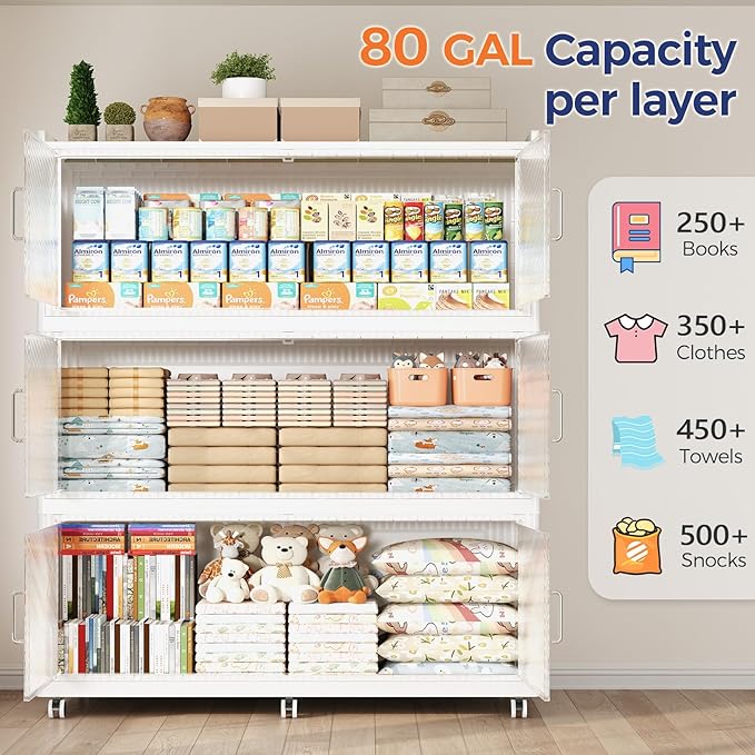 240GAL Extra Large Storage Bins with Lid, 960QT Collapsible Organizer with Wheels, Stackable Closet Cabinet with Doors, Folding Storage Containers for Home, Office, Dorm, 3Pack White