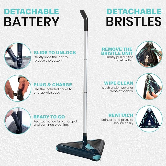 Zippi Sweeper Max - 2025 Version Lightweight Sweeper, Triangular Design Allows for Sweeping in Corners, Perfect for Short Carpet Hardwood and Tile, LED Light, 1 Hr Cleaning Time