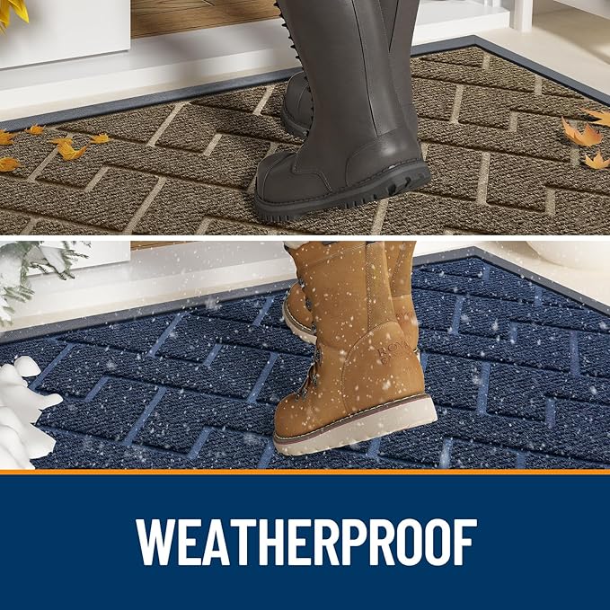 OLANLY Front Door Mat Indoor Outdoor Entrance, Waterproof All-Season, All-Weather Doormat, Sturdy Natural Rubber, Low Profile, Easy Clean Patio Porch Entryway Mat, Herringbone Brick (Black, 59x35)