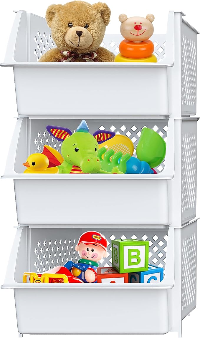 Skywin TidyFriend Plastic Stackable Storage Bins for Pantry, 3 Pack White Stackable Bins For Organizing Food, Kitchen, and Bathroom Essentials (White)