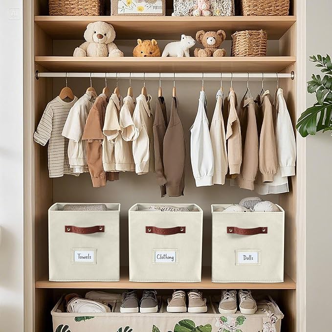 DECOMOMO Storage Bins, Cube Storage Bin with Labels, Fabric Storage Cubes for Shelves (10.5" x 11" / 6pcs, Beige)