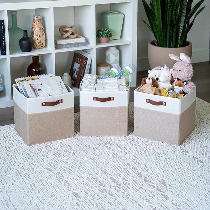 OrganiHaus 12x12 Fabric Storage Bins - Set of 4, Cube Fabric Organizer Bins with Vegan Handles, Kallax Storage Cubes, Cubbies Organizer Boxes, 12Inch Cubic Baskets for Shelves - Beige/White