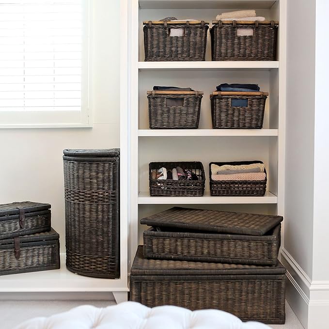 The Basket Lady Pole Handle Wicker Storage Basket, Large, 18 in L x 14.5 in W x 9 in H, Antique Walnut Brown