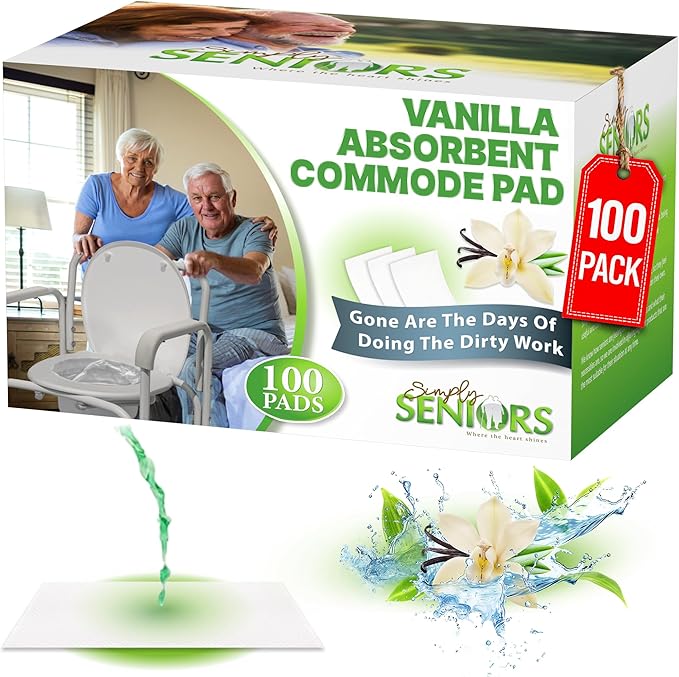 Commode Absorbent Pads for Bedside Commode Liners - 100 Vanilla Scented Pads for Portable Toilet Bags, Bedside Toilet Liners, Potty Bags for Portable Toilet, Potty Chair Liners - No More Dirty Works
