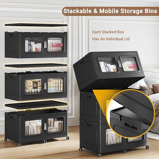 BROVIEW 300 Qt Stackable Storage Bin with Lid, 75Gal Extra Large Collapsible Storage Boxes, Folding Plastic Drawer, Heavy-Duty Store Cabinet, Closet Organizer for Home Kitchen, 1 Pack Black