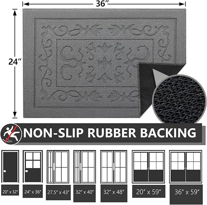 FONEYI Indoor Door Mat 24" x 36", Dirt Trapper Door Mats Non-Slip Entryway Rugs Washable, Absorbent Resist Dirt Welcome Mat, Low Profile Inside Floor Mats for Front Back Door and Entryway, Grey