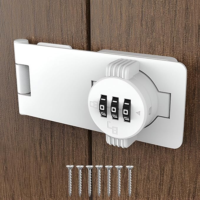 Keyless Combination Lock - 3-Digit Combination Lock for Doors - Twist Knob Hasp Latch Lock with Password Code - Zinc Alloy Door Latch for Kitchen Drawers, Cabinets, Cupboard (White)