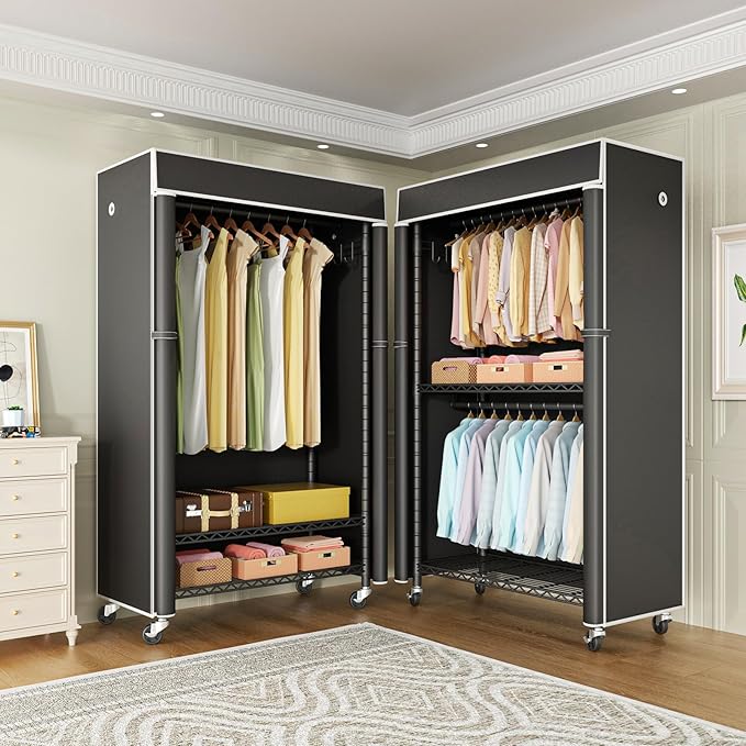 FUTASSI Clothing Rack with Cover, P1C Rolling Closets with Wheels, Metal Garment Rack for Hanging Clothes, Clothing Storage Wardrobe with Cover, 36.2" W x 16.5" D x 80.5" H, Black, Load 450 Pounds