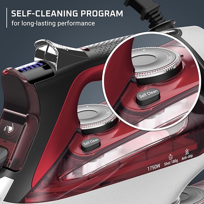 Rowenta Iron, Focus Excellence Stainless Steel Soleplate Steam Iron for Clothes, Retractable Cord, 400+ Microsteam Holes, Powerful steam, LED Display, 1750 W Ironing Clothes, Cordreel, Red DW5433