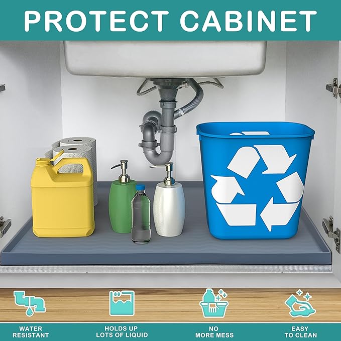 URMONA Waterproof Silicone Under Sink Mat 31'' x 22'' Shelf Liner for Kitchen and Bathroom, Cabinet and Counter Protector, Storage and Organizers, Litter Mat, Pet Cat Puppy Essentials(Beige)