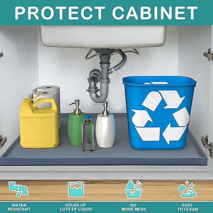 URMONA Waterproof Silicone Under Sink Mat 40'' x 22'' Shelf Liner for Kitchen and Bathroom, Cabinet and Counter Protector, Storage and Organizers, Litter Mat, Pet Cat Puppy Essentials(Dark Grey)
