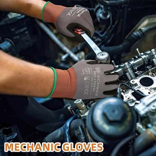 Schwer 6 Pairs Safety Work Gloves with Sandy Nitrile Coating LT5626, Max Abrasion Resistance Heavy Duty Gloves with Grip for Men and Women, Ideal for General Use, Mechanic, Construction, Gardening, M