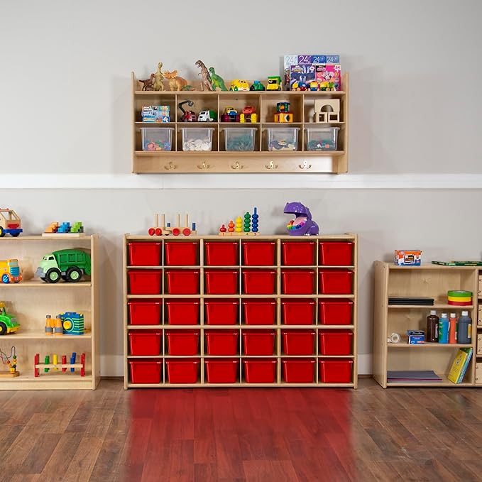 Wood Designs Cubby Storage Bin, Heavy Duty Plastic Containers for Kids Red Cubby Tray Set of 20