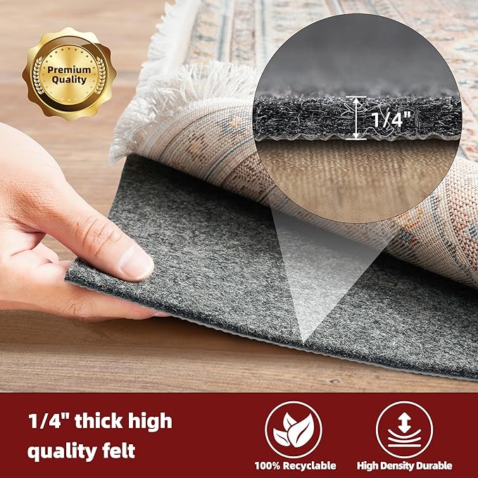 BAGAIL Felt and Natural Rubber Backing Rug Pads 1/4” Thick, 6 x 9 Ft Non Slip Carpet Gripper Keep Rugs in Place, Under Area Rug Protective Cushioned Pads, Carpet Runners, Hardwood Floors Protection