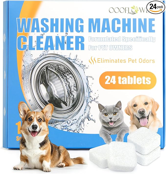 Washing Machine Cleaner Tablets 24 Pack, Formulated for Pet Owners, Deodorizer, Work with Top & Front Load, HE, Deep Cleaning Descaler, Removes Residue and Odors, Septic Safe