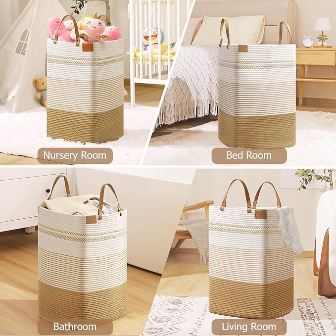 danpinera 100L Nursery Hamper, Tall Woven Laundry Basket with Long Leather Handles, Boho Laundry Hamper for Living Room & Bedroom, Eco-friendly & Convenient Decorative Storage Basket White & Jute
