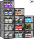 12 Pack Hard Sturdy Thickened Rigid XX Large Shoe Storage Organizer for Closet, Clear Stackable Sneaker Shoe Boxes Rack Containers Display Case Bins with Lids, Grey