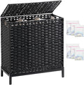 Laundry Hamper with Lid 132 L, (35 Gallons) Clothes Hamper with Lid, Handwoven Rattan Laundry Hamper with Metal Heightened Feet, Laundry Hampers with 3 Removable Liner Bags for Laundry-Black