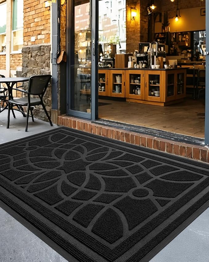 DEXI Front Door Mat Outside Entrance, Heavy Duty Non Slip Low Profile Doormat for Entryway, Trap Dirt and Moisture Welcome Mats, Easy Clean, Patio, Garage, 5x3, Black