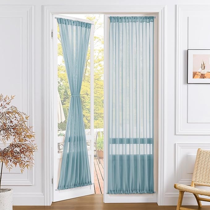 Tollpiz Sheer Door Curtain Closet Linen Textured Curtain Sheers Doorway Light Filtering Voile French Door Rod Pocket Curtains Patio Door, 25 x 80 inches Long, Dusty Blue, Set of 1 Panel