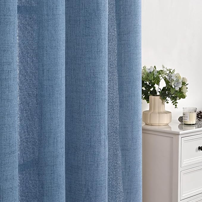 YoungsTex Denim Blue Linen Curtains 40 Inch Length for Bathroom Window, Small Drapes with Rod Pocket Back Tab Light Filtering Coastal for Cafe Kitchen Window Over Sink, 2 Panels, 30 X 40 Inch