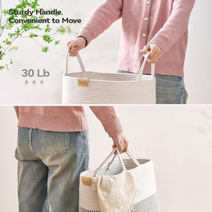 Laundry Hamper 75L,Large Laundry Basket for Clothes,Decorative Storage Basket for Blankets,Cotton Rope Woven basket for bedroom,Grey White
