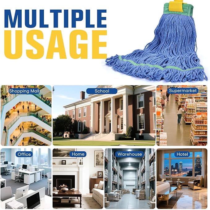 Matthew Cleaning Commercial Mop Head Replacement, 5 Inch Wide Headband, Looped End Cotton Blend String Wet Mops for Floor Cleaning, 18 oz Medium, 6-Pack Blue