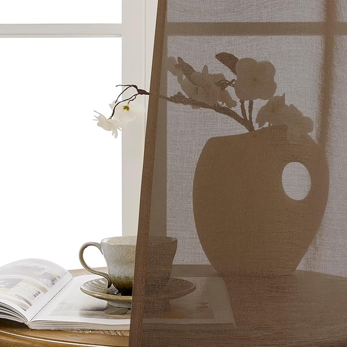 Tollpiz Sheer Door Curtains Closet Linen Textured Curtain Sheers Doorway Light Filtering Voile Patio Glass Door Rod Pocket Curtains French Door, 54 x 80 inches Long, Brown, Set of 1 Panel