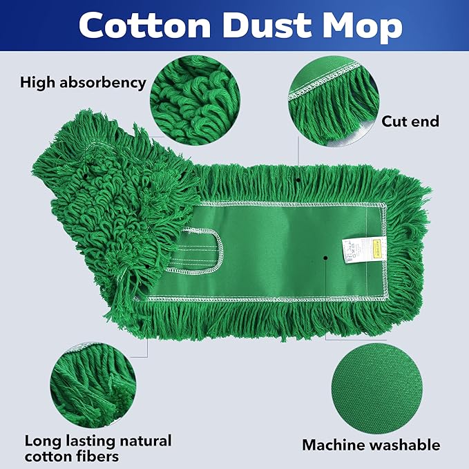 Matthew Cleaning 24'' Industrial Strength Cotton Dust Mop Refill Washable Replacement Heads for Residential & Commercial Use Fit Standard Dust Mop Frames, Hardwood,Concrete Floors Green 3 Pack
