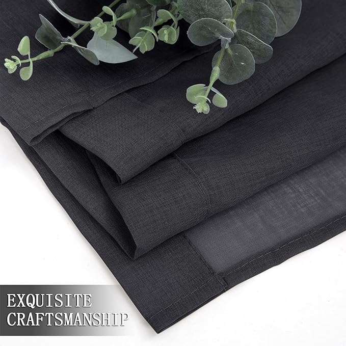 Tollpiz Short Sheer Curtain Linen Textured Living Room Curtains Sheer Light Filtering Rod Pocket Voile Curtain for Bedroom, 42 x 54 inches Long, Black, Set of 2 Panels