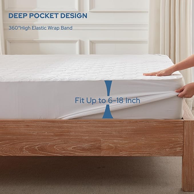 BEDLORE Waterproof Mattress Protector, Queen Size Noiseless Mattress Pad with Deep Pocket 6"-18" Depth, Soft Breathable Bed Mattress Cover Washable for Home, Bedroom, Hotel (White)