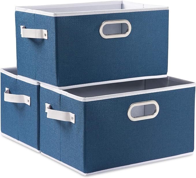 PRANDOM Large Collapsible Storage Baskets for Closet [3-pack] Decorative Fabric Storage Bins Cubes with Leather/Metal Handles for Shelves Bedroom Living Room Royal Blue (14.9x9.8x8.3 Inch)