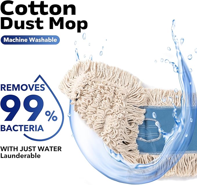 Matthew Cleaning 24'' Industrial Strength Cotton Dust Mop Refill Washable Replacement Heads for Residential & Commercial Use Fit Standard Dust Mop Frames, Hardwood,Concrete Floors Blue&White 3 Pack