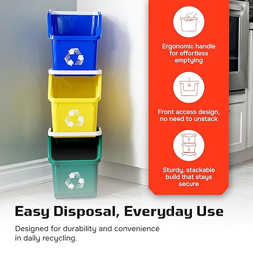 Multi Recycling Bin System with Three Stacking 6 Gallon Bins with Carrying Handles, Stackable and Compact for Offices, Homes, Garages, Businesses - (Yellow, 3 Pack)