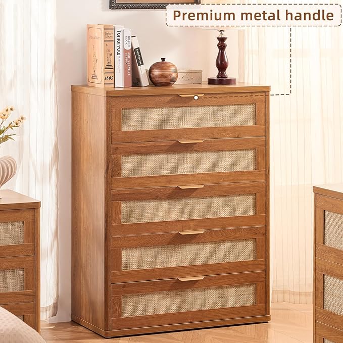 LEYAOYAO Rattan Dresser for Bedroom Set 2, 41" Tall Chest of Drawers, Modern 5 Drawers Boho Dressers with Storage, Light Oak Dresser Wooden Closet Organizer for Living Room, Hallway, Tea Brown