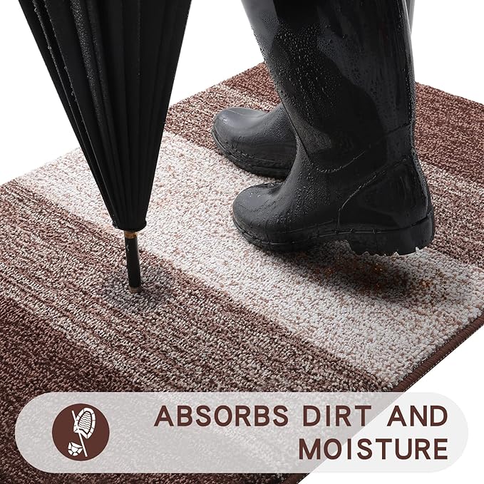 Kitinjoy Indoor Outdoor Door Mat, 59x20 Non-Slip Absorbent Dirt Trapper, Low-Profile Washable Inside Entrance Front Floor Mat, Sturdy Soft Entry Doormats for Entryway, Brown