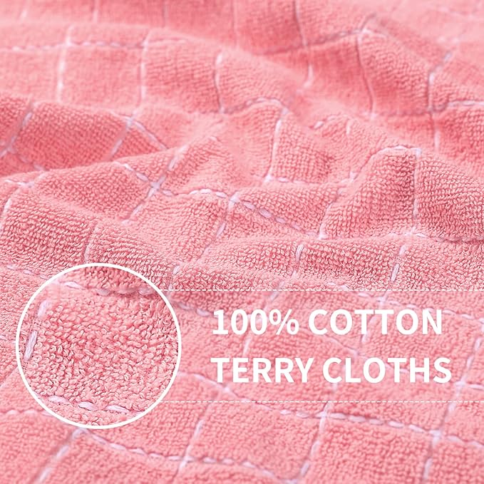 Homaxy 100% Cotton Terry Kitchen Towels(Pink, 13 x 28 inches), Checkered Designed, Soft and Super Absorbent Dish Towels, 4 Pack