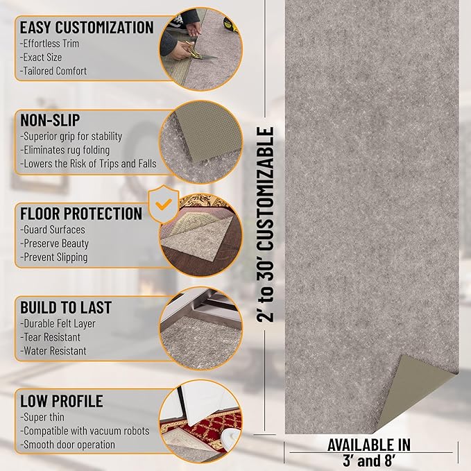 Ottomanson 8' x 8' Non-Slip Rug Pad Gripper 1/4 Inch Thick Dual Surface Felt + Rubber Gripper - Safe for All Floors, Brown
