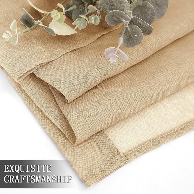 Tollpiz Short Sheer Curtains Linen Textured Bedroom Curtain Sheers Light Filtering Rod Pocket Voile Curtains for Living Room, 54 x 45 inches Long, Beige, Set of 2 Panels