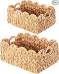 Scalloped Basket Wicker & Rattan Storage Basket with Built-in Handles, Large Woven Water Hyacinth for Nursery & Bathroom Organization 2 Pack