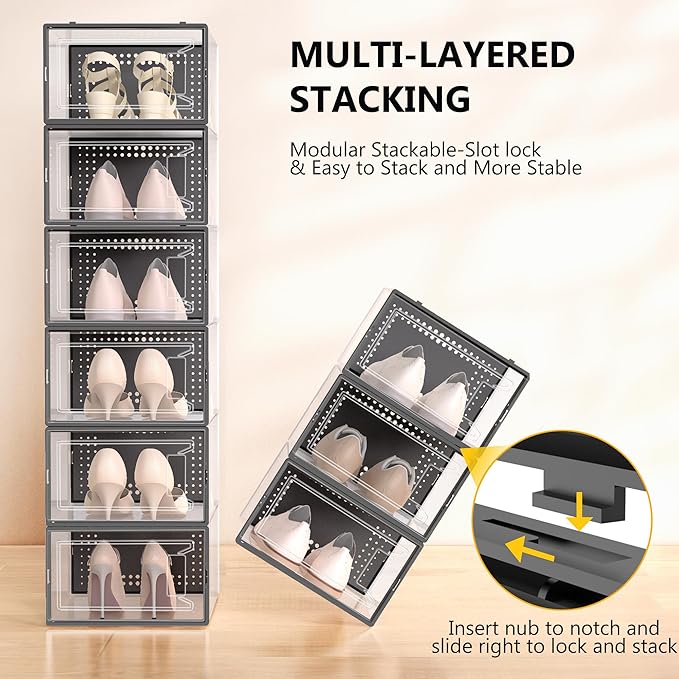 12 Pack Large Shoe Organizer Storage Boxes for Closet, Modular Space Saving Shoe Boxes Clear Plastic Stackable Sneaker Containers Display Case with Lids, Black05